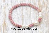 CFB729 faceted rondelle pink wooden jasper & potato white freshwater pearl stretchy bracelet