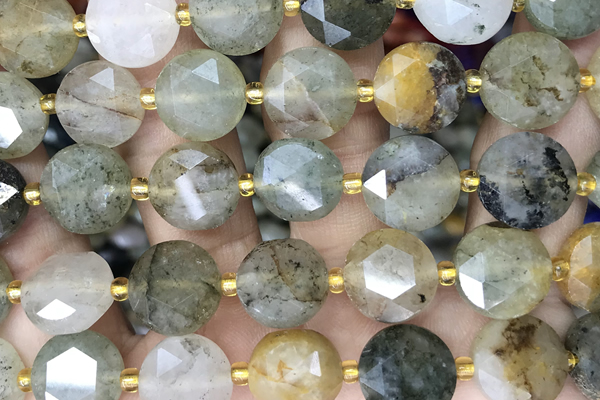 COIN01 15 inches12mm faceted coin phantom quartz beads