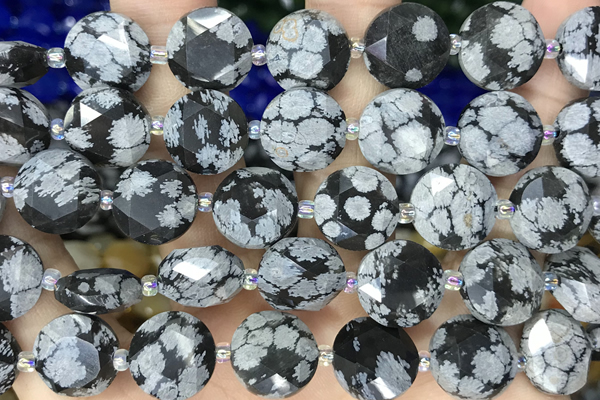 COIN06 15 inches 12mm faceted coin snowflake obsidian beads