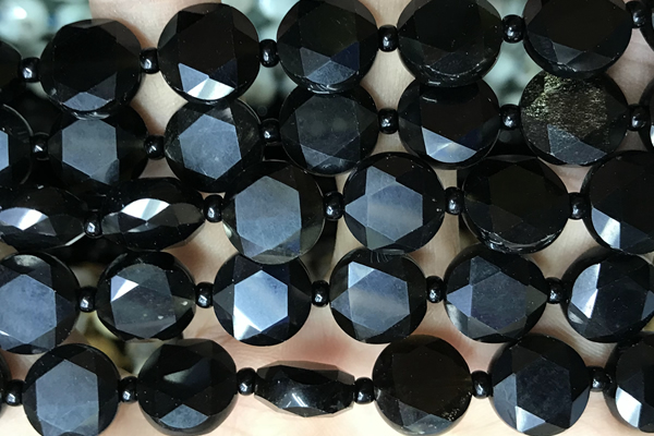 COIN102 15 inches 12mm faceted coin black obsidian beads