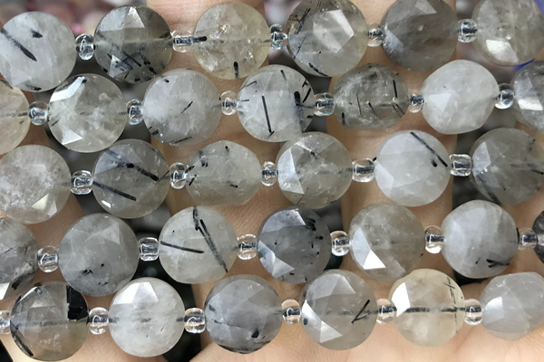 COIN27 15 inches 10mm faceted coin black rutilated quartz beads