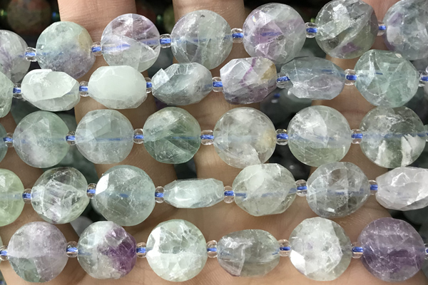 COIN77 15 inches 12mm faceted coin fluorite gemstone beads