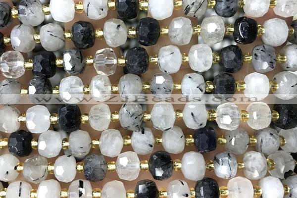 ROND134 15 inches 6*8mm faceted rondelle black rutilated quartz beads