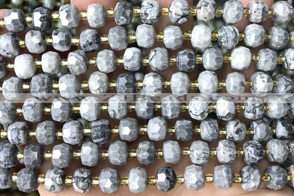 ROND138 15 inches 6*8mm faceted rondelle grey picture jasper beads