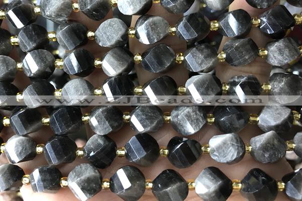 TWIS11 15 inches 9*10mm faceted twisted black obsidian beads