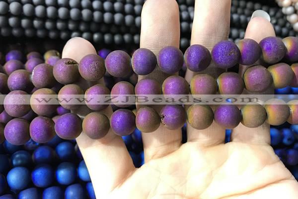 CAA1334 15.5 inches 12mm round matte plated druzy agate beads