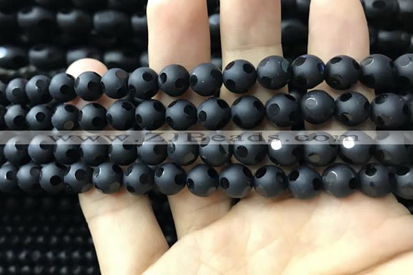 CAA2459 15.5 inches 8mm carved round matte black agate beads