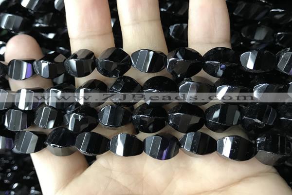 CAA2494 15.5 inches 10*14mm faceted & twisted rice black agate beads