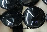 CAA2528 15.5 inches 14mm flat round black agate beads wholesale