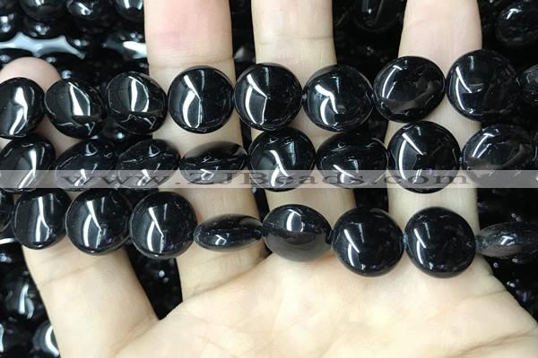 CAA2529 15.5 inches 16mm flat round black agate beads wholesale