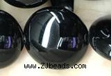 CAA2532 15.5 inches 25mm flat round black agate beads wholesale