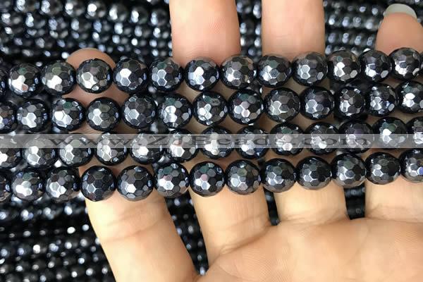 CAA3556 15.5 inches 8mm faceted round AB-color black agate beads
