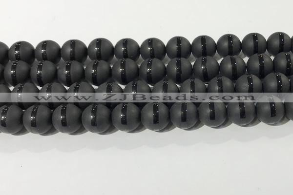 CAA3652 15.5 inches 10mm round matte & carved black agate beads