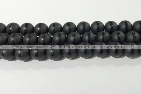 CAA3653 15.5 inches 12mm round matte & carved black agate beads