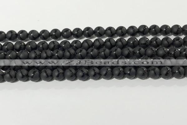 CAA3655 15.5 inches 6mm round matte & carved black agate beads