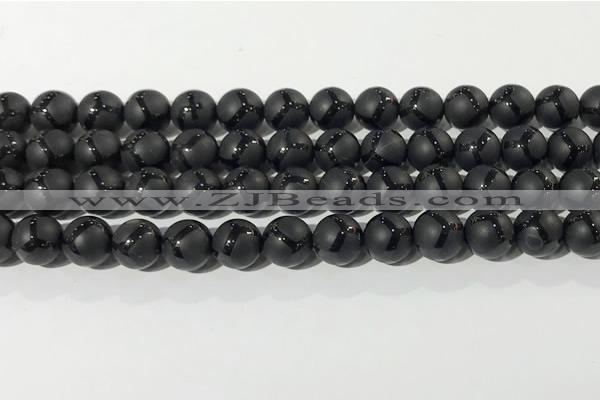 CAA3656 15.5 inches 8mm round matte & carved black agate beads