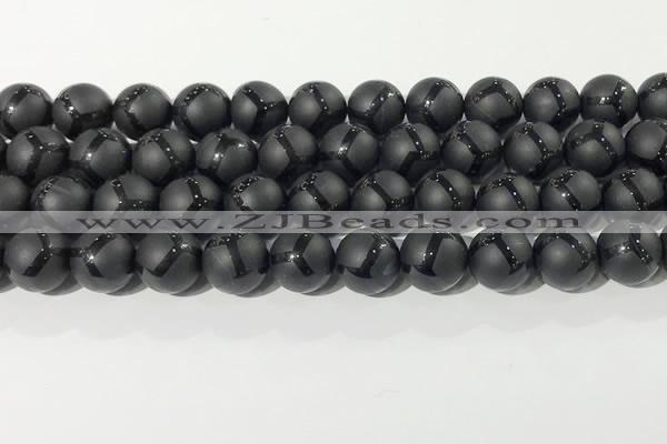 CAA3657 15.5 inches 10mm round matte & carved black agate beads