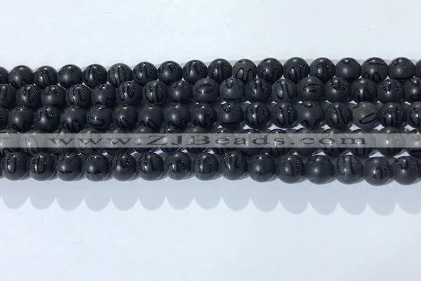 CAA3660 15.5 inches 6mm round matte & carved black agate beads