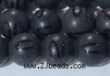 CAA3661 15.5 inches 8mm round matte & carved black agate beads