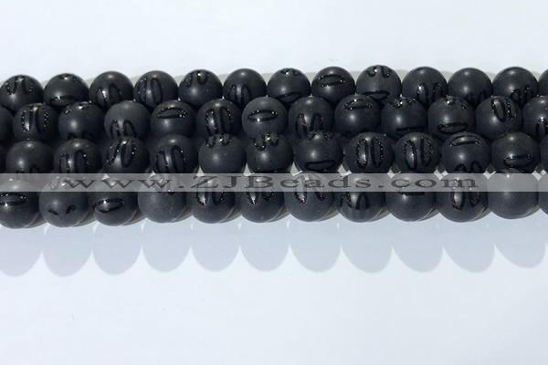 CAA3662 15.5 inches 10mm round matte & carved black agate beads