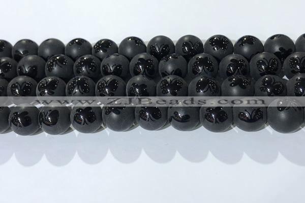 CAA3668 15.5 inches 12mm round matte & carved black agate beads