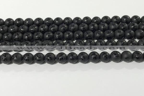 CAA3675 15.5 inches 6mm round matte & carved black agate beads