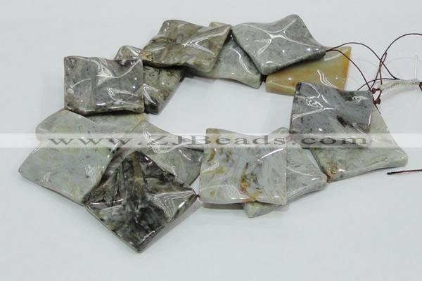 CAB585 15.5 inches 40*40mm wavy diamond silver needle agate beads