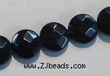 CAB810 15.5 inches 14mm faceted coin black gemstone agate beads