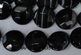 CAG3074 15.5 inches 16mm faceted coin black line agate beads