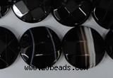 CAG3076 15.5 inches 20mm faceted coin black line agate beads