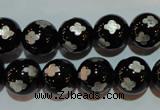 CAG3354 15.5 inches 12mm carved round black agate beads wholesale