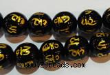 CAG3374 15.5 inches 12mm carved round black agate beads wholesale