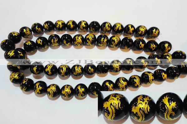 CAG3382 15.5 inches 14mm carved round black agate beads wholesale