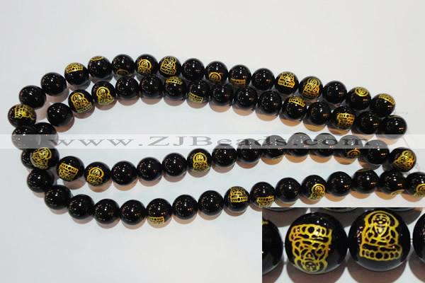 CAG3388 15.5 inches 16mm carved round black agate beads wholesale