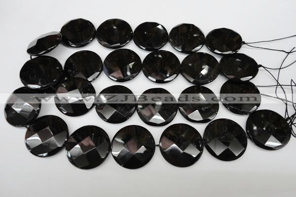 CAG4025 15.5 inches 30mm faceted coin black agate beads