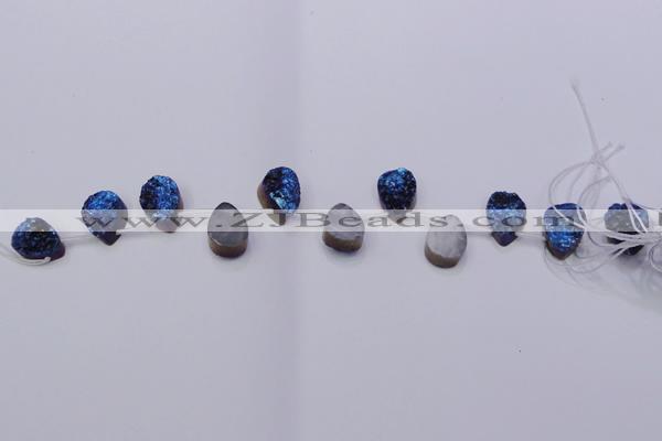 CAG8106 Top drilled 10*14mm teardrop blue plated druzy agate beads