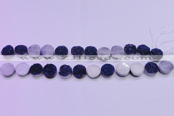 CAG8376 7.5 inches 18mm coin blue plated druzy agate beads