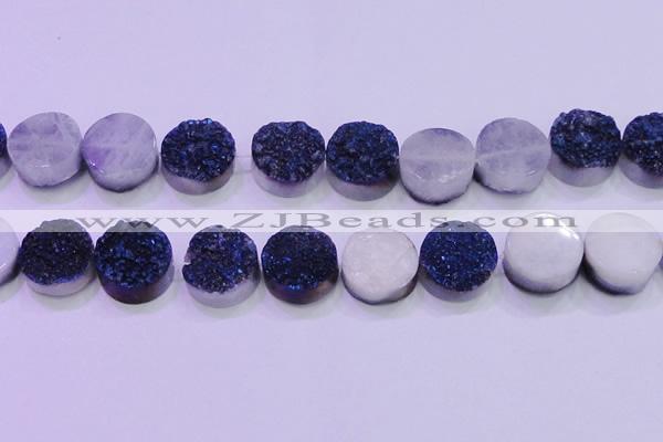CAG8396 7.5 inches 25mm coin blue plated druzy agate beads