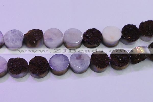 CAG8415 7.5 inches 35mm coin purple plated druzy agate beads