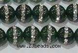 CAG8621 15.5 inches 10mm round green agate with rhinestone beads