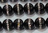 CAG8630 15.5 inches 8mm round black agate with rhinestone beads