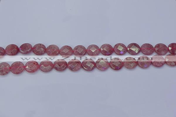CBQ459 15.5 inches 10mm faceted coin strawberry quartz beads