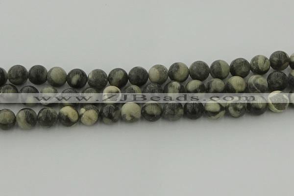 CBW164 15.5 inches 12mm round matte black fossil jasper beads