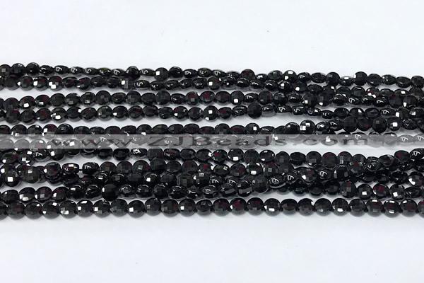 CCB1397 15 inches 4mm faceted coin black tourmaline beads