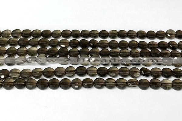 CCB1417 15 inches 6mm faceted coin smoky quartz beads
