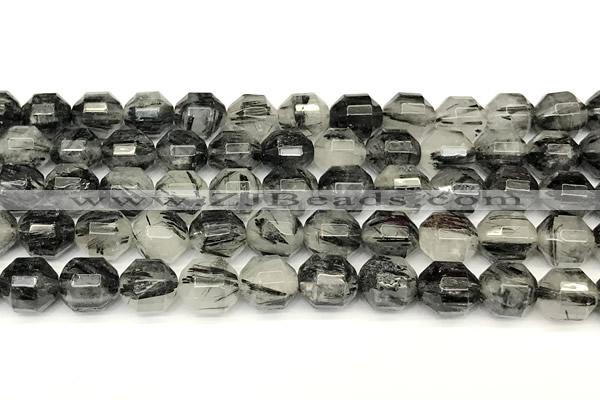 CCB1427 15 inches 9mm - 10mm faceted black rutilated quartz beads