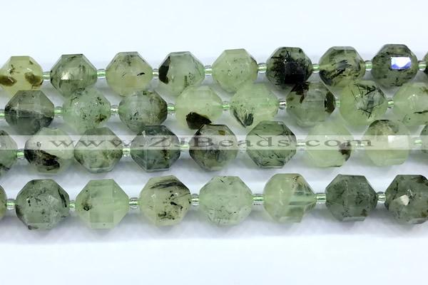 CCB1535 15 inches 11mm - 12mm faceted green rutilated quartz beads