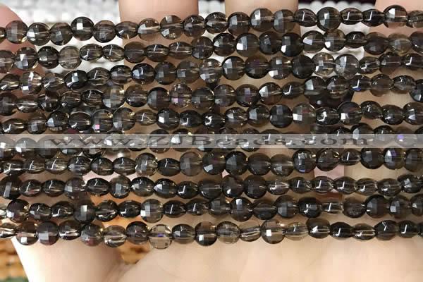 CCB534 15.5 inches 4mm faceted coin smoky quartz beads