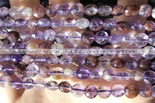 CCB603 15.5 inches 6mm faceted coin purple phantom quartz beads