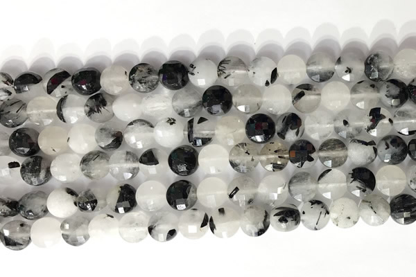 CCB758 15.5 inches 8mm faceted coin black rutilated quartz beads